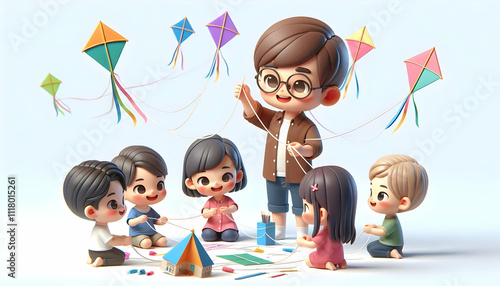 3D Candid image of children participating in a kite making workshop with copy space above. concept as Children enthusiastically engage in a kite making workshop capturing learning and creativity durin photo