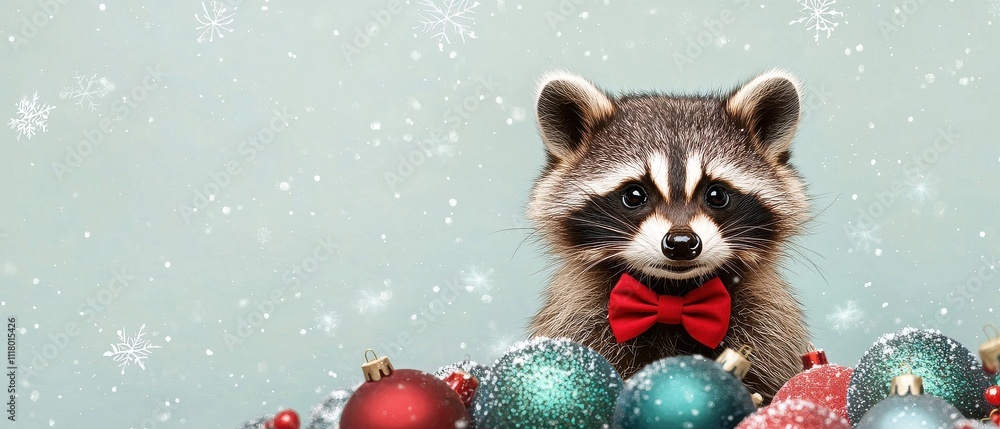 Adorable Raccoon with Red Bowtie Peeking Out Among Colorful Christmas Ornaments in Festive Winter Setting Adorable Raccoon with Red Bowtie Peeking Out Among Colorful Christmas Ornaments in Festive Winter Setting