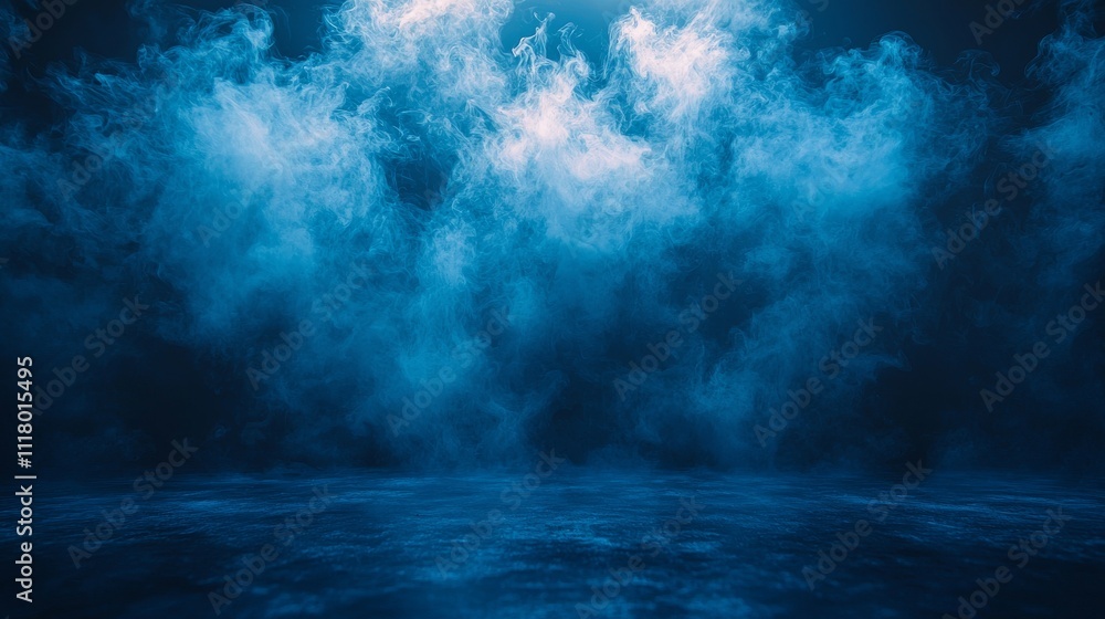 A dark street with asphalt creates an abstract background of dark blue, featuring neon lights that highlight the concrete floor and a studio room filled with smoke, adding texture for displaying A dark street with asphalt creates an abstract background of dark blue, featuring neon lights that highlight the concrete floor and a studio room filled with smoke, adding texture for displaying
