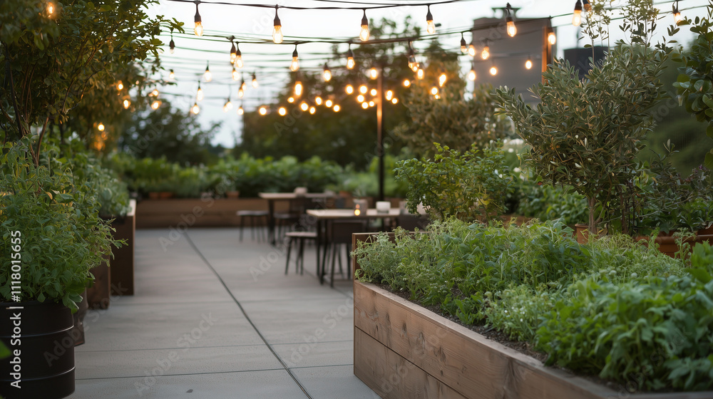 Fototapeta premium Urban Rooftop Garden with Plants and Seating Areas