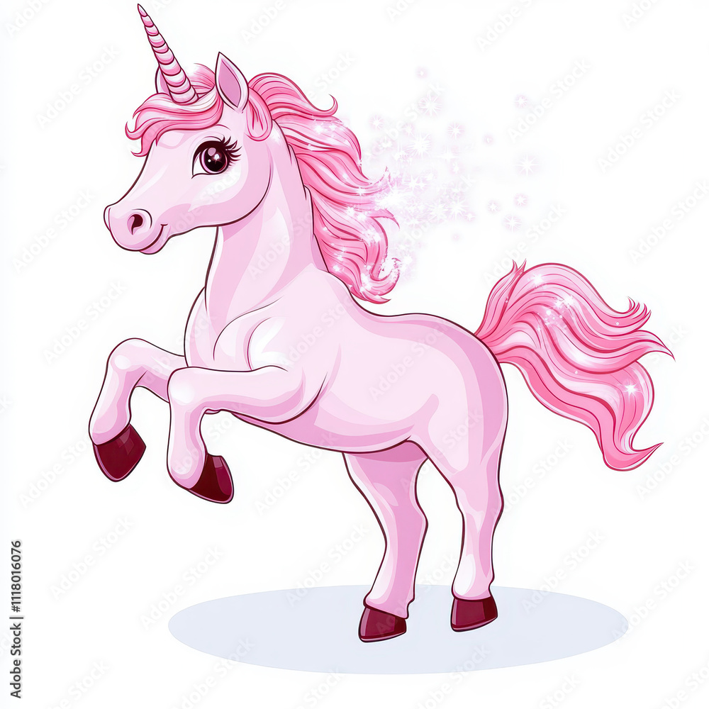 Fototapeta premium A playful pink unicorn illustration with sparkles and an enchanting pose.