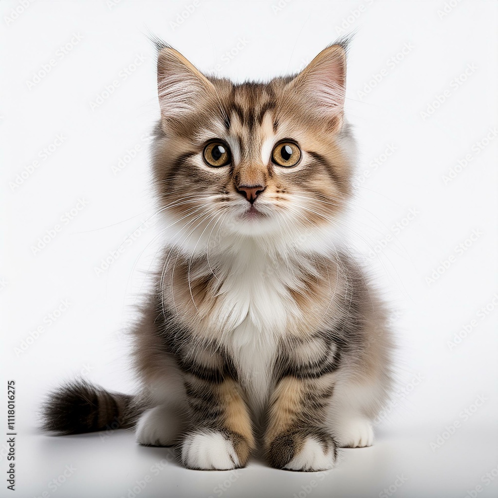 Cute cat sitting against a plain white background, highlighting its adorable features Cute cat sitting against a plain white background, highlighting its adorable features