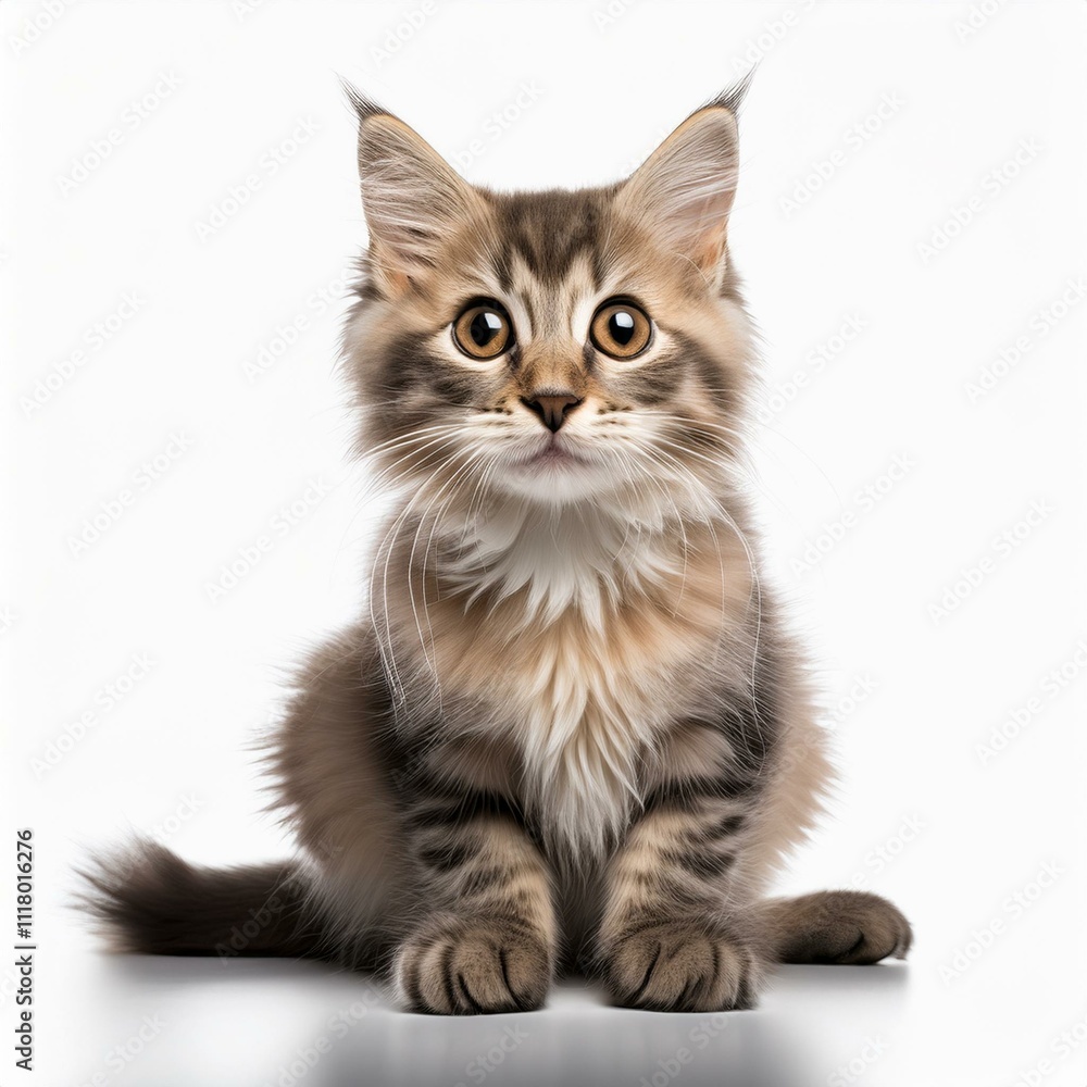 Cute cat sitting against a plain white background, highlighting its adorable features Cute cat sitting against a plain white background, highlighting its adorable features