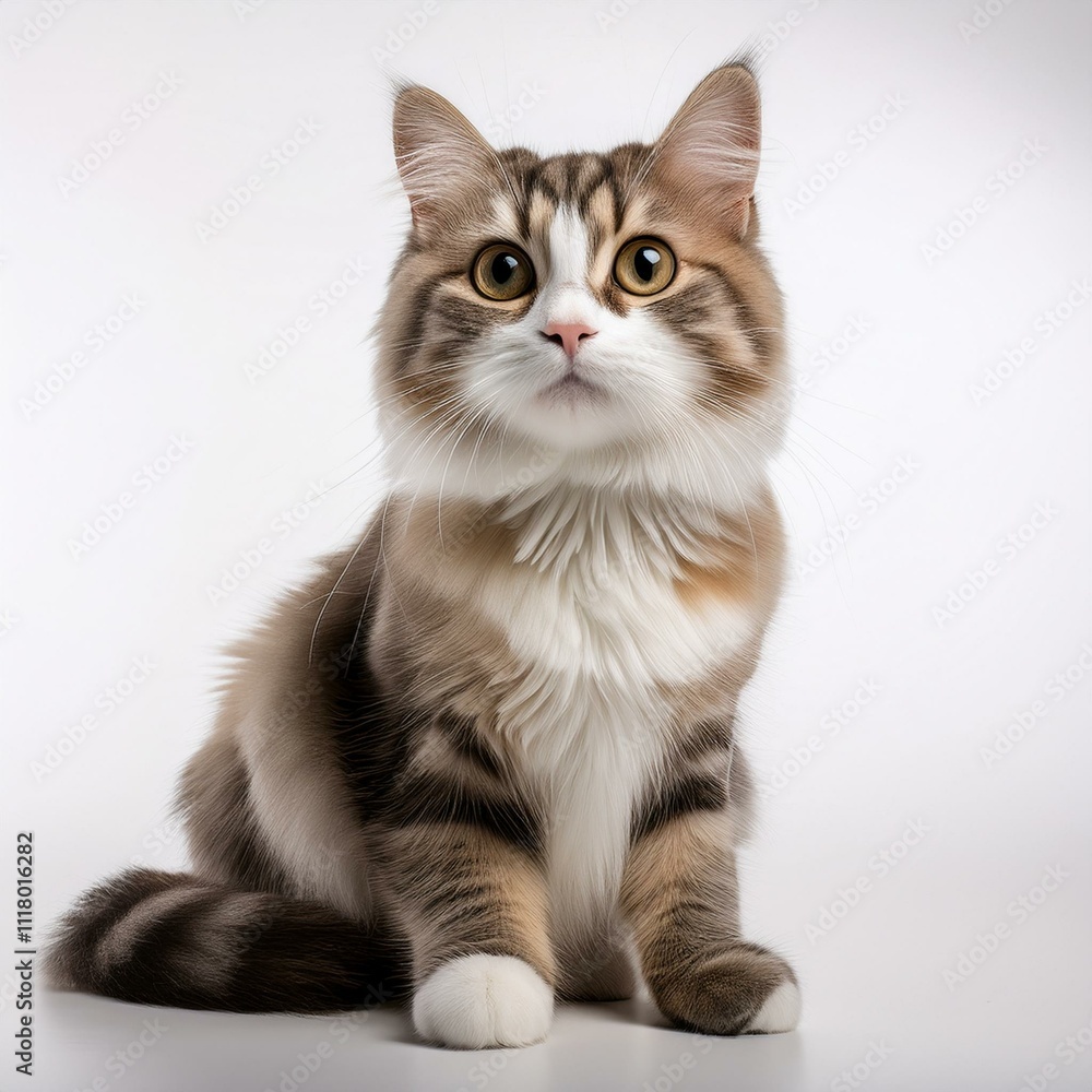 Obraz premium Cute cat sitting against a plain white background, highlighting its adorable features