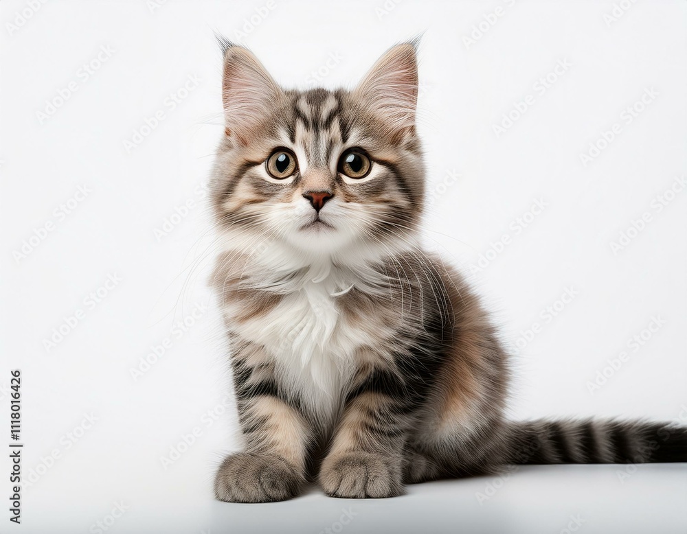 Fototapeta premium Cute cat sitting against a plain white background, highlighting its adorable features