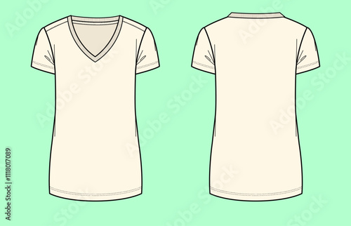 Ladies V neck short sleeve T-shirt Flat sketch outline. 