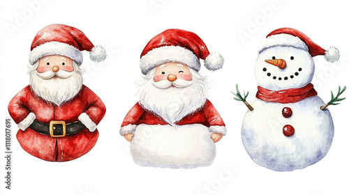 Set of watercolor white snowmen and santa claus isolated with watercolour white background. New year party decor, Christmas decorations vector illustration backdrop wallpaper