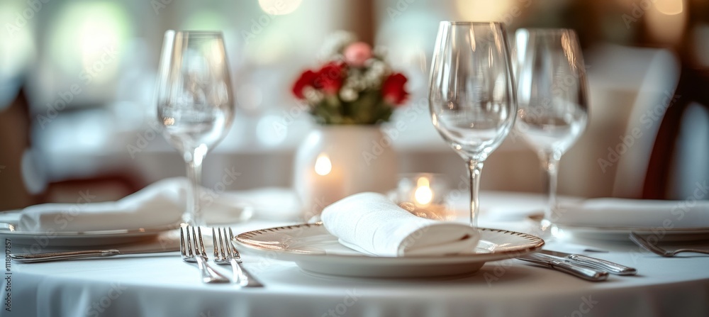 Plate and glass wine on restaurant dining table. Generative AI technology.
Plate and glass wine on restaurant dining table. Generative AI technology.