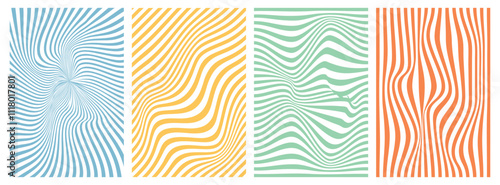 Groovy hippie 70s backgrounds. Waves, swirl, twirl pattern. Twisted and distorted vector texture in trendy retro psychedelic style. Y2k aesthetic.