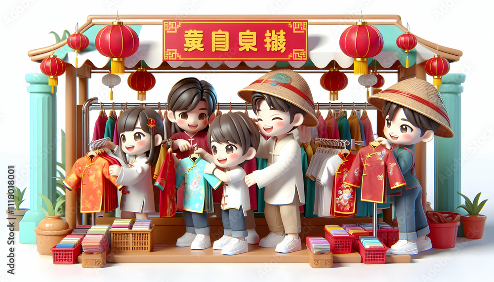 3D Candid shot of friends trying on traditional outfits at market stall with space for text below. concept as Friends candidly trying on traditional Chinese outfits at a market stall capturing fun and 3D Candid shot of friends trying on traditional outfits at market stall with space for text below. concept as Friends candidly trying on traditional Chinese outfits at a market stall capturing fun and