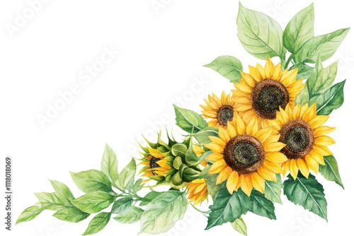A vibrant bouquet of sunflowers accompanied by lush green leaves, perfect for brightening up any design or project, transparent background.