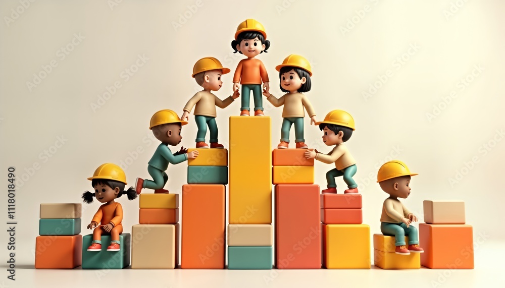 Diverse kids build colorful toy block tower. Children collaborate, help. Teamwork creates colorful structure. Enjoy building, play together. Kids multicultural, work together for common goal. Fun Diverse kids build colorful toy block tower. Children collaborate, help. Teamwork creates colorful structure. Enjoy building, play together. Kids multicultural, work together for common goal. Fun