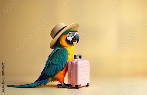 Colorful parrot wearing straw hat carries small pastel suitcase. Tropical bird ready for vacation. Image creative travel concept. Pastel beige background. Minimalist design. Suitable for