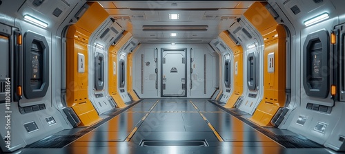 Fototapeta Naklejka Na Ścianę i Meble -  Spacecraft or spaceship corridor station module interior. Generative AI technology.