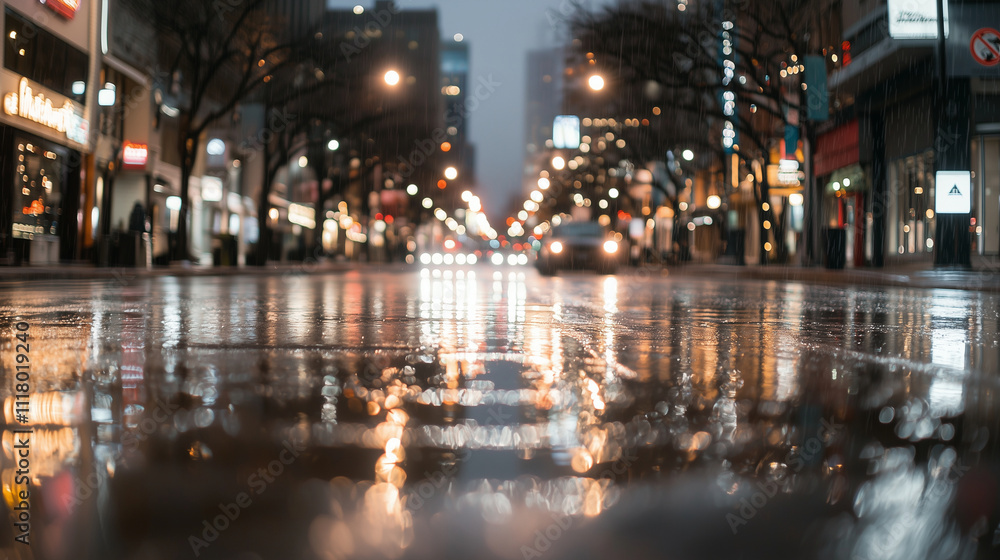 Nighttime Cityscape with Neon Lights and Wet Streets Nighttime Cityscape with Neon Lights and Wet Streets