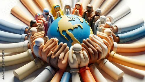 3D Close up Faith Unity Gesture concept as Macro close up of a unified faith gesture between individuals of different religions symbolizing harmony and mutual respect for World Religion Day advertisem photo