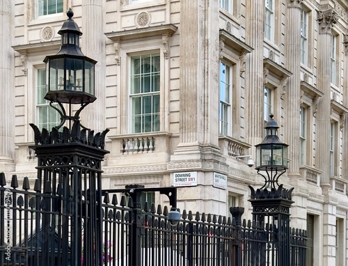 The entrance to Downing Street from Whitehall in the City of Westminster, London, England. 