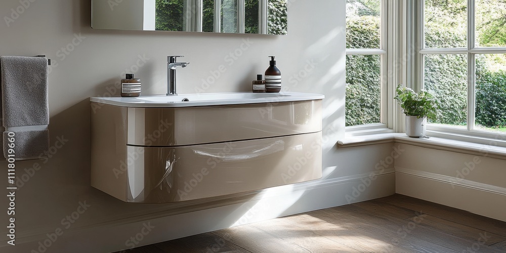 Modern bathroom design featuring a sleek vanity and natural light illuminating the space Modern bathroom design featuring a sleek vanity and natural light illuminating the space