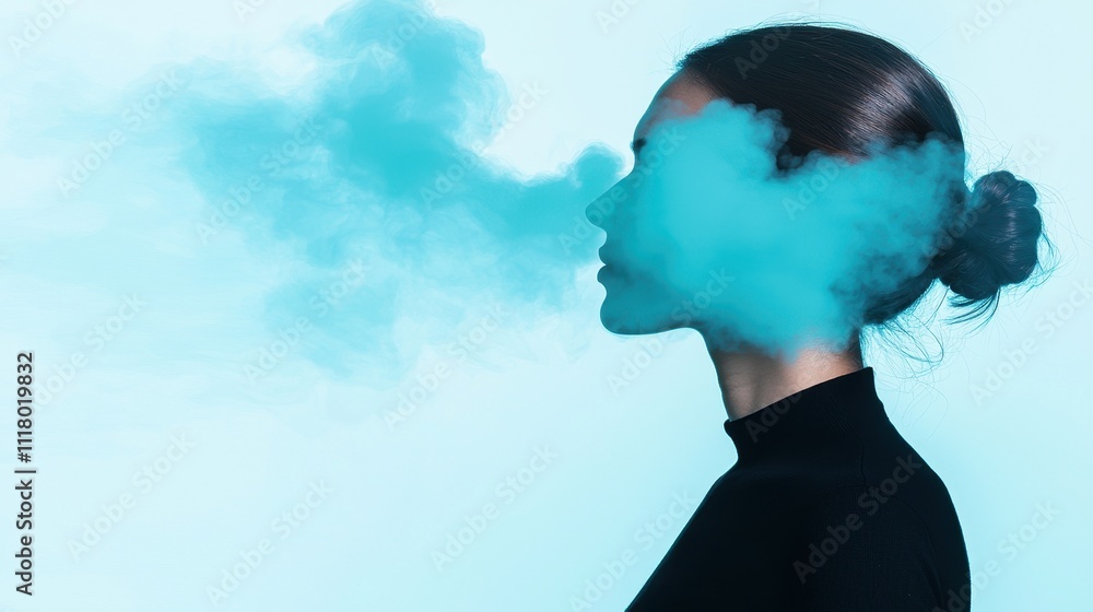 Artistic Profile Silhouette with Colorful Smoke Against Blue Background Artistic Profile Silhouette with Colorful Smoke Against Blue Background