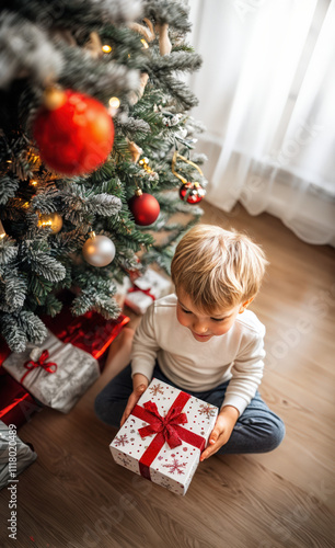 Petit garçon très heureux découvre ses cadeaux au pied du sapin de noël photo