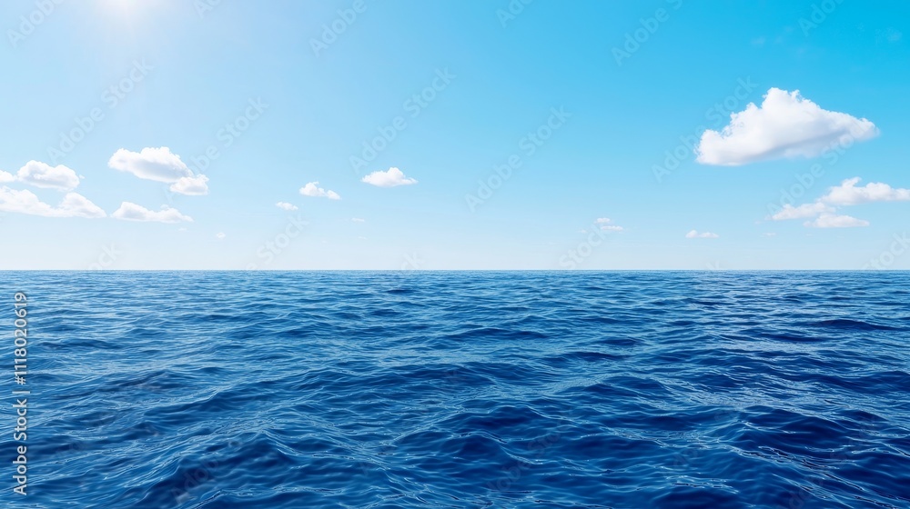 A realistic image of a serene ocean reflecting a blue sky dotted with white clouds. A realistic image of a serene ocean reflecting a blue sky dotted with white clouds.