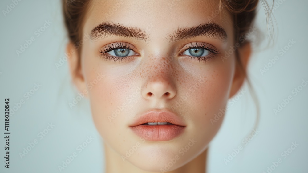 Captivating close-up of a young woman with striking blue eyes and natural makeup against a neutral backdrop Captivating close-up of a young woman with striking blue eyes and natural makeup against a neutral backdrop