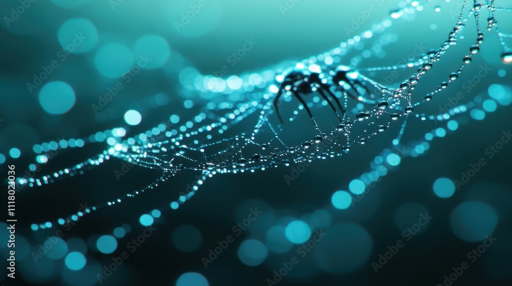 Close-Up of a Spider Web Adorned with Dew Drops Against a Soft Focus Background Close-Up of a Spider Web Adorned with Dew Drops Against a Soft Focus Background