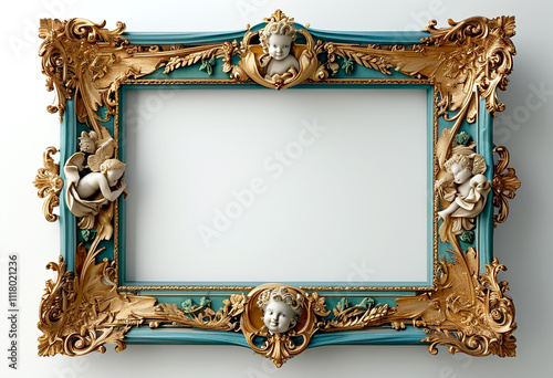 Intricate vintage frame crafted with ornate details and vibrant turquoise accents photo