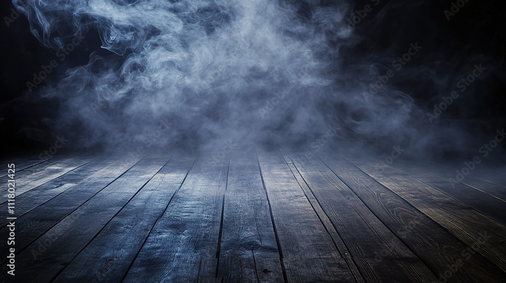 Smoke Rising Over Empty Wooden Floor in Dark Atmosphere Smoke Rising Over Empty Wooden Floor in Dark Atmosphere