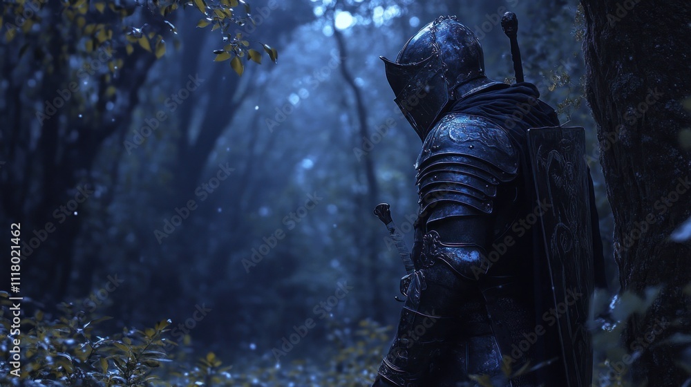Fototapeta premium A Knight Stands Alone in the Misty Forest