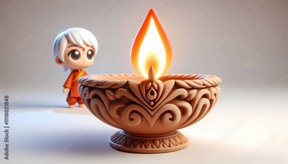 3D Close up of a traditional clay lamp (diya) with a flame copy space below. concept as A detailed macro shot focusing on a lit traditional clay lamp (diya) symbolizing light and positivity during Mak 3D Close up of a traditional clay lamp (diya) with a flame copy space below. concept as A detailed macro shot focusing on a lit traditional clay lamp (diya) symbolizing light and positivity during Mak