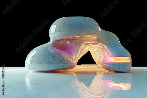 a white sculpture with a pink light on it