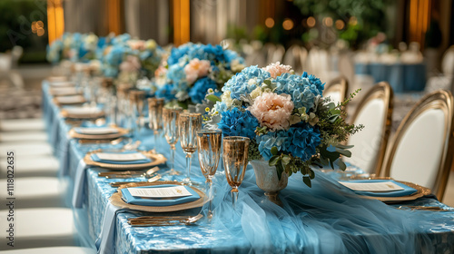 Royal Blue Wedding Table Setting: Elegant wedding reception with long table, blue and gold color scheme, luxurious floral arrangements, and fine china.  