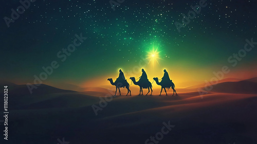 Wallpaper Mural An illustration of the three wise men on camels traversing a desert under a glowing star, with a vibrant gradient sky filled with twinkling stars Torontodigital.ca
