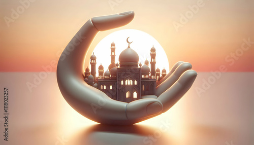 3D Close up of hands forming a silhouette of a mosque at sunset copy space above. concept as A detailed image of hands positioned to create a silhouette resembling a mosque against a sunset backdrop s photo