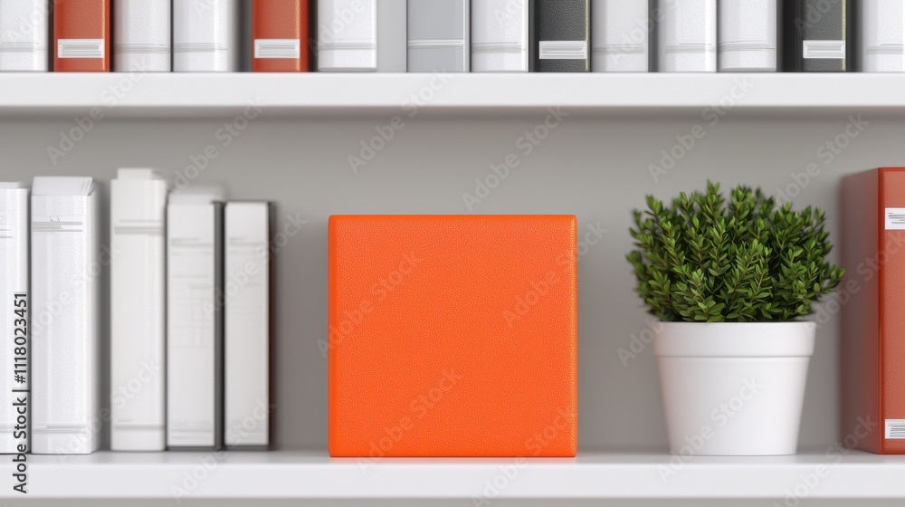 Orange Box on Shelf Surrounded by Books and Potted Plant in Modern Library Setting Orange Box on Shelf Surrounded by Books and Potted Plant in Modern Library Setting