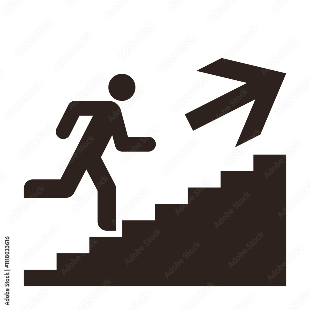 Man running up stairs with direction arrow. Escape help evacuation icon Man running up stairs with direction arrow. Escape help evacuation icon