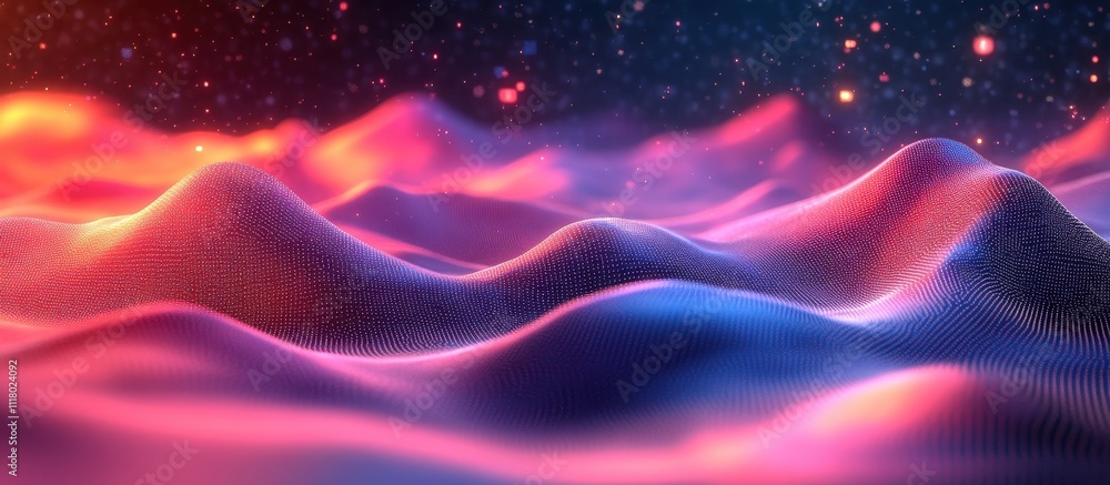 Abstract Digital Landscape with Vibrant Neon Waves and Futuristic Glowing Particles in a Cosmic Setting Abstract Digital Landscape with Vibrant Neon Waves and Futuristic Glowing Particles in a Cosmic Setting