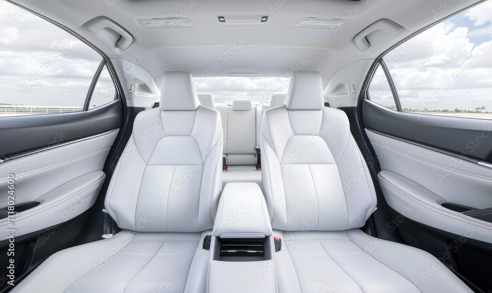 The spacious interior of a modern car showcasing the front seats and dashboard design in daylight