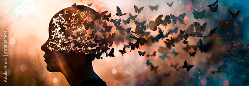 Silhouette of a head dispersing into butterflies against a dreamy sunset background