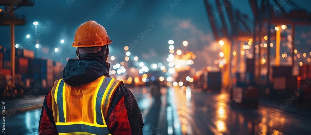 Worker in High-Visibility Gear Overlooking Industrial Shipping Yard at Night with Bright Lights and Reflections Worker in High-Visibility Gear Overlooking Industrial Shipping Yard at Night with Bright Lights and Reflections
