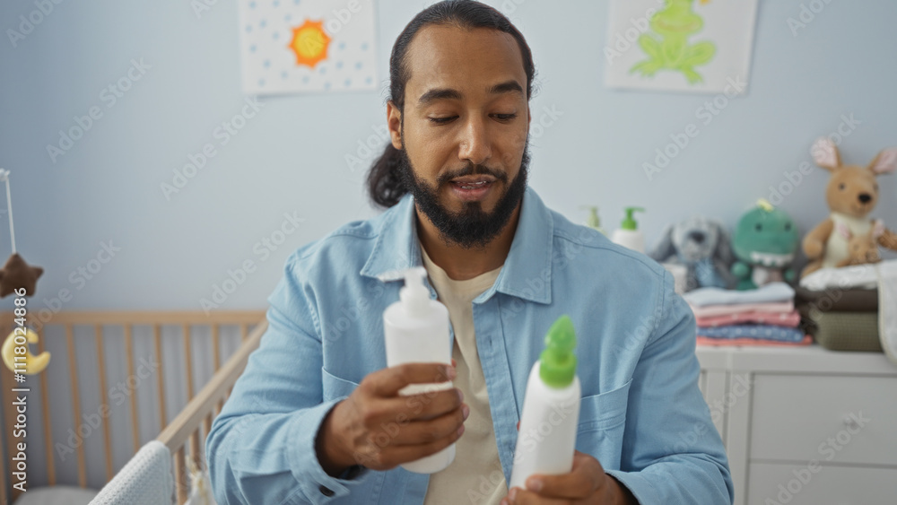 Man with beard holding baby products in a cozy bedroom setting, showcasing a nurturing atmosphere filled with toys, pastel walls, and a wooden cradle. Man with beard holding baby products in a cozy bedroom setting, showcasing a nurturing atmosphere filled with toys, pastel walls, and a wooden cradle.