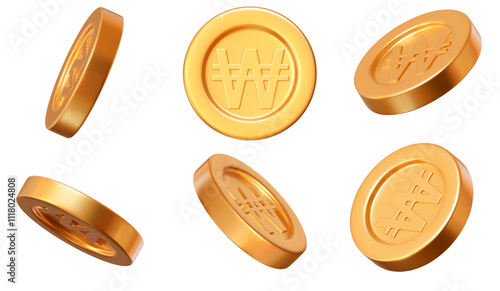 3D set golden Korean won coins with different angles. Stock vector illustration on isolated background.