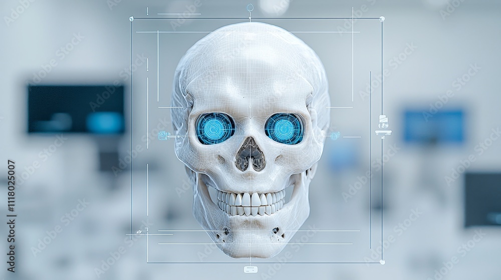 A three-dimensional depiction of a robotic skull with luminescent blue eyes. A three-dimensional depiction of a robotic skull with luminescent blue eyes.