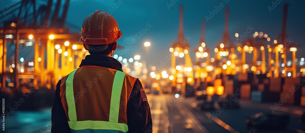 Industrial Worker Overlooking Illuminated Shipping Port at Night with Safety Gear and Reflective Vest Industrial Worker Overlooking Illuminated Shipping Port at Night with Safety Gear and Reflective Vest