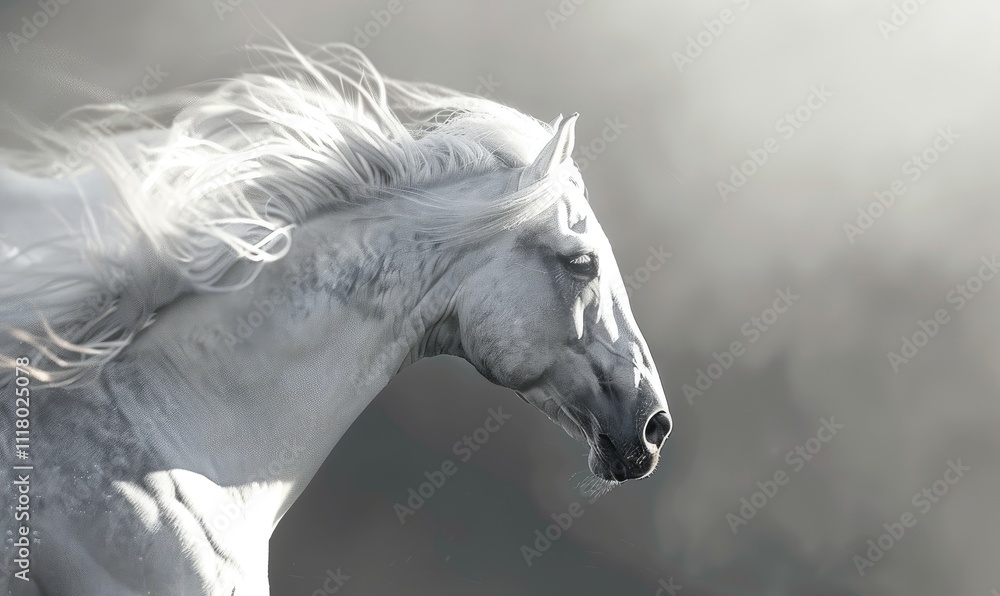 The intricate details of a white horse's eye and mane captured in a stunning monochromatic close-up