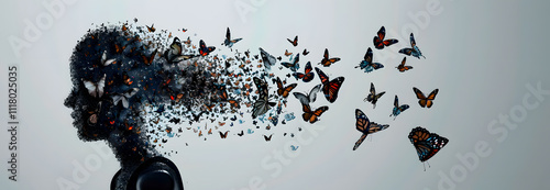 Abstract silhouette with butterflies transitioning from head into freedom