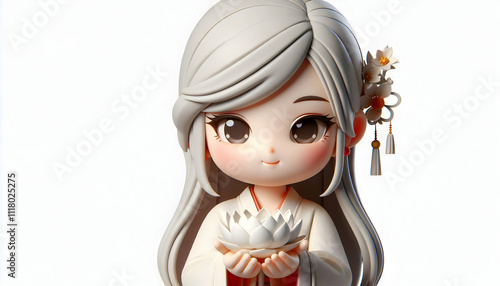 3D Close up portrait of a woman holding a lotus flower with copy space to the side. concept as A detailed portrait focusing on a woman gently holding a lotus flower symbolizing purity and new beginnin photo