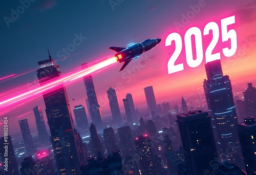 Dynamic cityscape featuring a rocket trajectory and the year 2025 in neon lights