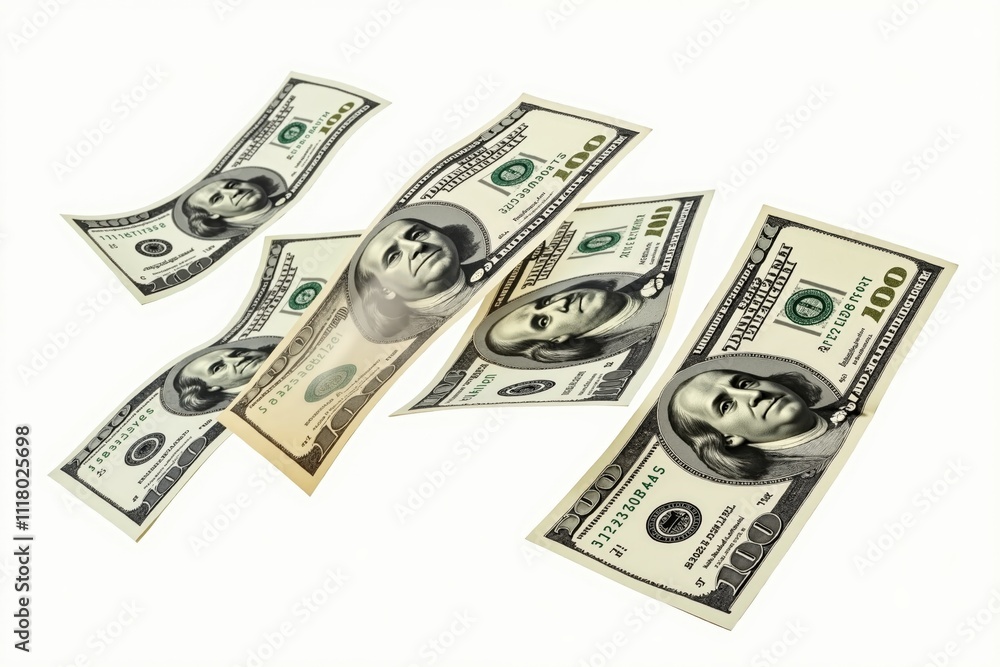 Floating american dollars: dynamic movement of 100 dollar bills on white background Floating american dollars: dynamic movement of 100 dollar bills on white background